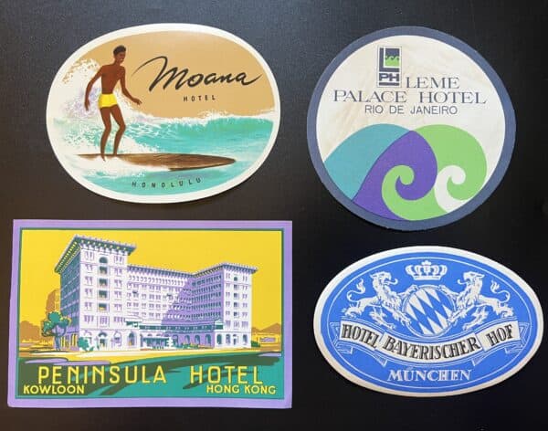 5 antike Kofferaufkleber Hotels Luggage Labels