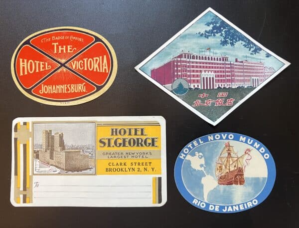 5 antike Kofferaufkleber Hotels Luggage Labels