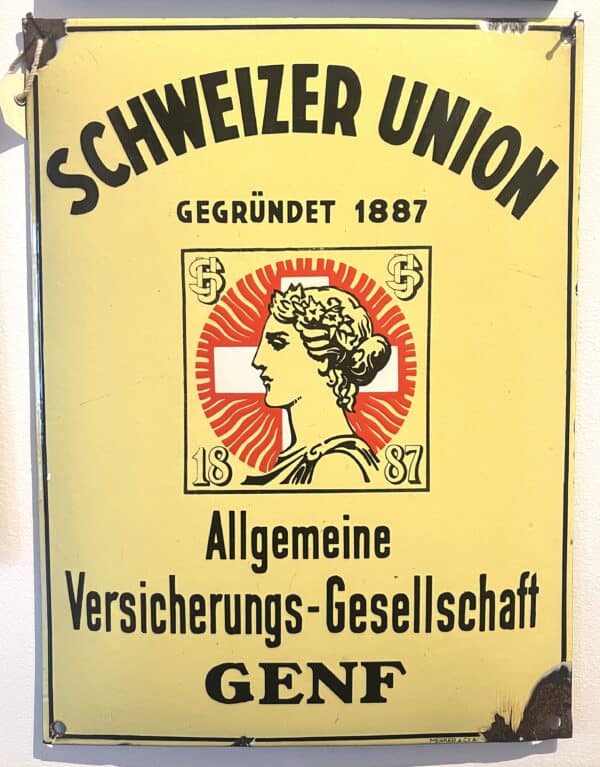 Ca. 100 Jahre altes Emailschild der Schweizer Union Genf. Sehr schweres hochwertiges Schild, Zuckergussartig Emailliert. Grösse 40x30cm