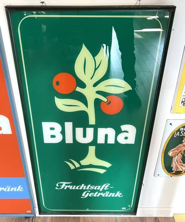 Bluna altes Hinterglas Werbeschild um 1960 Grün