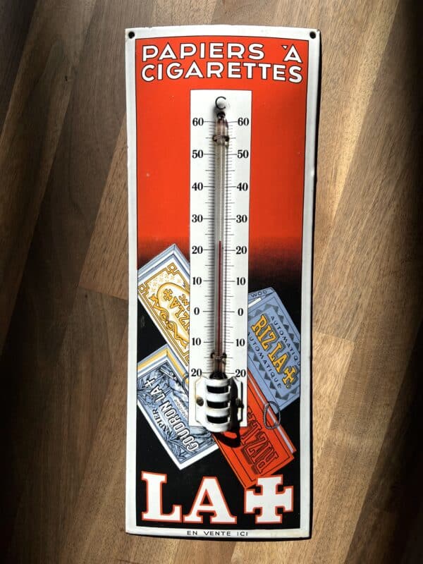 RIZ LA altes Emailschild mit Thermometer 1920