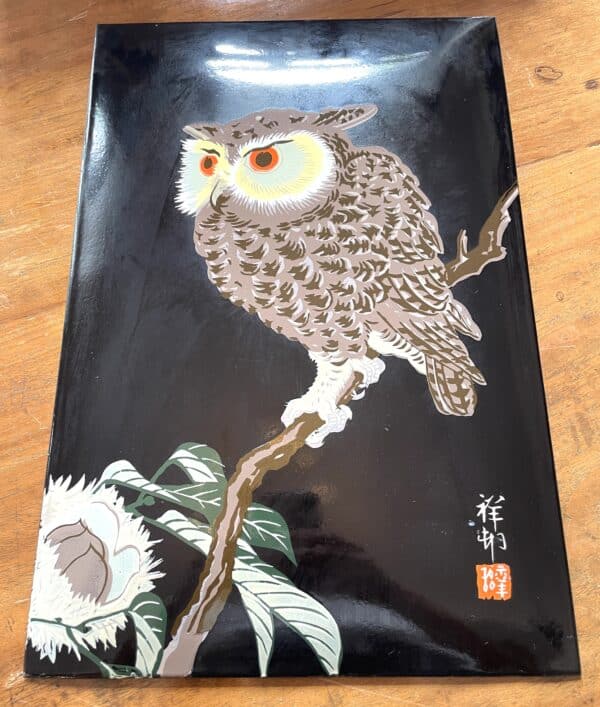 Emailschild Ohara Koson "Owl and Chestnut" um 1952