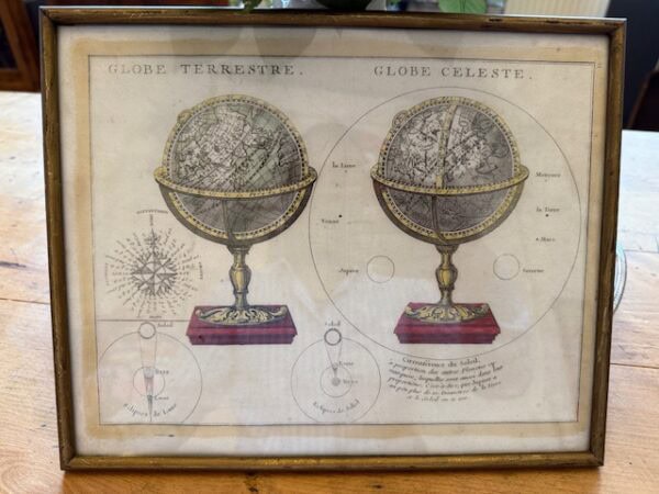 Seltener Kupferstich Globe Terrestre / Globe Celeste Kupferstich Handkoloriert Jahr 1756, gut erhalten in alter Rahmung. Grösse 30x24cm inkl Rahmen.