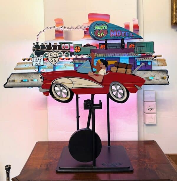 Frederick Prescott "Route 66" Neoninstallation Kunst 1994. Handbemalter Stahl mit 3 Farben Neoninstallation und einem ausbalancierten Pendel. Die Corvette schwingt am Pendel Hin -und Her wenn man sie anstösst. Auf dem Sockel Signiert und Datiert. Versand auf Anfrage, Abholung und Besichtigung im Antik-Unique Showroom in Nidau möglich. Grösse 83x30x75cm lxbxh